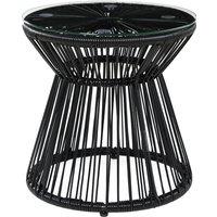Outsunny Round End Table, Rattan Side Table, Hollow Drum Design Coffee Table w/ Glass Tabletop for Patio, Garden, Balcony Black