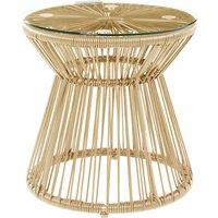 Outsunny Round End Table, Rattan Side Table, Hollow Drum Design Coffee Table w/ Glass Tabletop for Patio, Garden, Balcony Natural