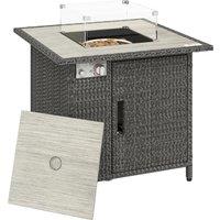 Outsunny 14.5 KW Rattan Gas Fire Pit Dining Table with Rain Cover, Wind Guard, Lid, Lava Rocks, Dark Grey