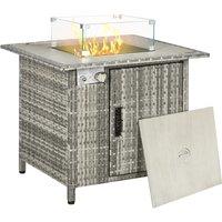 Outsunny Outdoor PE Rattan Gas Fire Pit Table, Patio Square Propane Heater w/ Rain Cover, Glass Windscreen & Lava Stone, 50000 BTU, Grey Aosom UK