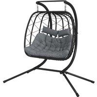 Outsunny Outdoor PE Rattan Double-seater Swing Chair w/ Thick Padded Cushion, Patio Hanging Chair for 2 w/ Metal Stand, Headrest, Black