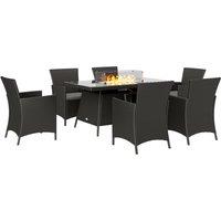 Outsunny 7 Pieces Outdoor Rattan Garden Furniture with Fire Pit Table, 6 Seater Garden Table and Chairs with Heater Table, Windscreen, Black