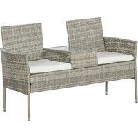 Outsunny Garden Loveseat 2 Seater Rattan Chair for Garden Outddor, with Glass-top Middle Table, Padded Cushions, Grey Aosom UK