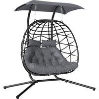 Outsunny Rattan Double Hanging Egg Chair with Canopy, Foldable Wicker Swing Egg Chair with Cushion, Head Pillows, Stand, Steel Frame, Hammock Chair for Indoor Outdoor, Capacity 260 kg, Black