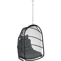 Outsunny Hanging Egg Chair Outdoor Indoor Rattan Swing Chair with Installation Kit, Foldable Garden Hanging Seat with Thickened Cushion, Headrest, Dark Grey