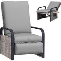 Outsunny Rattan Garden Recliner Chair, Reclining Rattan Chair with Adjustable Backrest and Footrest, Outdoor Lounge Sun Lounger with Cushion, Side Tray and Aluminium Armrests, Light Grey/Dark Grey