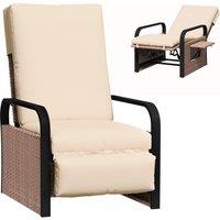 Outsunny Rattan Garden Recliner Chair, Reclining Rattan Chair with Adjustable Backrest and Footrest, Outdoor Lounge Sun Lounger with Cushion, Side Tray and Aluminium Armrests, Brown/Khaki