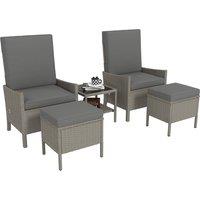 Outsunny 5 Piece Rattan Garden Furniture Set, Wicker Outdoor Furniture with 2 Armchairs, 2 Footstools and Glass Top Coffee Table with Shelf, Cushions for Patio Balcony, Dark Grey