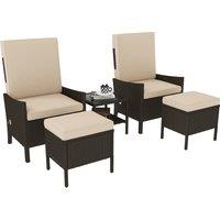Outsunny 5 Piece Rattan Garden Furniture Set, Wicker Outdoor Furniture with 2 Armchairs, 2 Footstools and Glass Top Coffee Table with Shelf, Cushions for Patio Balcony, Khaki