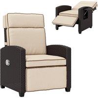 Outsunny Rattan Garden Recliner Chair, Adjustable Backrest Reclining Rattan Chair with Flip Table, Cushion and Footrest, Indoor Outdoor Lounge Reclining Sun Lounger for Patio, Dark Brown/Khaki
