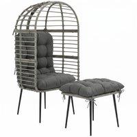 Outsunny Garden Egg Chair with Footstool, Rattan Indoor Outdoor Lounge Chair and Ottoman Set with Thick Cushions, Light Grey