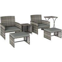 Outsunny 6 Piece Rattan Garden Furniture, Space-Saving Patio Furniture Set with Nesting Tables, Chairs, Stools, Cushions, Grey