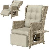 Outsunny Rattan Garden Recliner Chair, Reclining Garden Chair with Adjustable Back and Footrest, Flip Table, Cushion, Brown