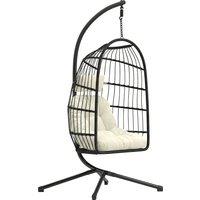 Outsunny Hanging Egg Chair, Indoor Outdoor Hammock Swing Chair with Stand, Safety Strap, Foldable Basket, Black/Cream White
