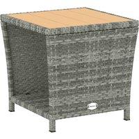Outsunny Side Table 2-Tier Outdoor Coffee Table with Storage Shelf PS Wood Slat Top/Light Grey