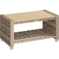 Outsunny Outdoor Coffee Table with Storage Shelf, PE Rattan Side Table with Slatted Top and Foot Pads, Light Brown