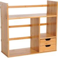 HOMCOM Desk Organiser, Bamboo Desktop Bookshelf with 2 Drawers and Stationery Storage, Reversible Use Aosom UK