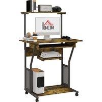 HOMCOM Mobile Computer Desk w/ Keyboard Tray, Rolling Study Table w/ Storage Shelves & Wheels, Writing Desk for Home Office, Rustic Brown Aosom UK