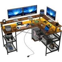 HOMCOM L Shaped Gaming Desk with LED Lights and Power Outlets, 150cm Corner Computer Desk with Monitor Stand and Storage Shelves, Rustic Brown