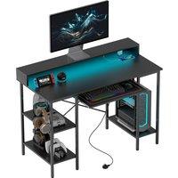 HOMCOM Reversible Computer Desk with LED Lights and Power Outlets, 120 x 55 cm Gaming Desk with Monitor Stand, Sliding Keyboard Tray and Storage Shelves, Industrial Home Office Desk, Black