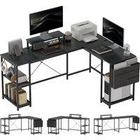HOMCOM 168cm Reversible L Shaped Desk, Industrial Corner Computer Desk with Adjustable Shelf, Storage Bag, Monitor Stand, Black