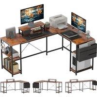 HOMCOM 168cm Reversible L Shaped Desk, Industrial Corner Computer Desk with Adjustable Shelf, Storage Bag, Monitor Stand, Rustic Brown