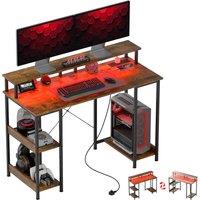 HOMCOM Computer Desk with Power Outlets and LED Lights, 120 x 50cm Reversible Home Office Desk with Monitor Stand and 2-Tier Shelves, Rustic Brown