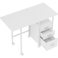 HOMCOM 105 x 51 cm Foldable Office Deskwith 3 Drawers, Extendable Top, Wheels, White