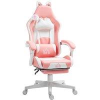 HOMCOM Cat Ear and Paw Reclining Office Chair, with Footrest - Pink/White
