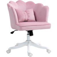 HOMCOM Velvet Office Chair with Petal Shell Back and Lumbar Pillow, Armless Desk Chair with Wide Seat and Tilt Function, Height Adjustable Swivel Makeup Vanity Chair for Bedroom, Pink