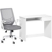 Vinsetto Home Office Chair and Computer Desk Set, Mesh Chair with with 90 Flip-up Armrest, Study Desk with Keyboard Tray and Drawer, White and Grey