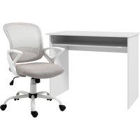 Vinsetto Home Office Chair and Computer Desk Set, Mesh Chair with Swivel Wheels, Study Desk with Storage Shelf, High Gloss White and Grey