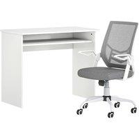 HOMCOM Home Office Furniture Set, Modern Computer Desk with Storage Shelf and Ergonomic Mesh Chair with Flip-Up Arms, Lumbar Support, Adjustable Height, Swivel Wheels, White and Grey