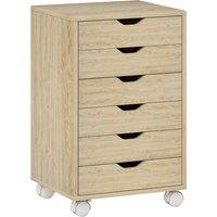 HOMCOM 6 Drawer Vertical File Cabinet, Mobile Filing Cabinet with Quiet Drawers and Wheels with 2 Brakes, Oak Wood Effect