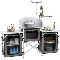 Outsunny Compact Camping Kitchen, Aluminium Portable Outdoor Cooking Station with Windshield, Storage Cupboards & Carry Bag for BBQ, Silver Aosom UK