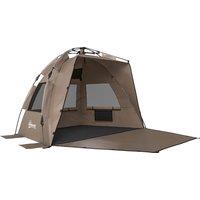 Outsunny 2-3 Person Pop Up Beach Tent, UPF15+ Sun Shelter with Extended Floor, Sandbags, Mesh Windows and Carry Bag, Brown