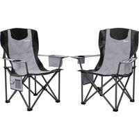 Outsunny Set of 2 Folding Camping Chairs, Padded Camping Chairs with Adjustable Armrests, Portable & Lightweight Folding Camp Chair with Cooler Bag, Cup Holder and Side Pockets, Grey