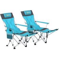 Outsunny Set of 2 Reclining Folding Camping Chair w/ Detachable Footrest, Storage Bag, Cup Holder & Headrest, Blue and Grey