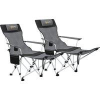 Outsunny Set of 2 Reclining Folding Camping Chair w/ Detachable Footrest, Storage Bag, Cup Holder & Headrest, Lightweight Portable Camp Chair for Beach, Picnic, Grey and Black
