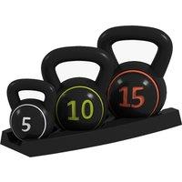 SPORTNOW Kettlebell Set with Storage Rack, 3-Piece Weights for Strength Training, Home Gym, 5lbs, 10lbs, 15lbs