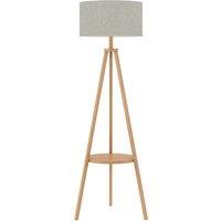 HOMCOM Bedside Light, Tripod Floor Lamp with Storage Shelf and Linen Shade for Living Room, 160cm, Natural Wood Colour