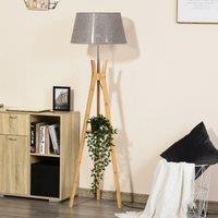 HOMCOM Natural Wood Tripod Floor Lamp Light E27 Base Bedroom Living Room Fabric Shade Storage Shelf 
