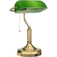 HOMCOM Desk Lamp with USB Ports, Banker's Table Lamp Desk Lamp with Vintage Bronze Tone Base and Pull Rope Switch, Green