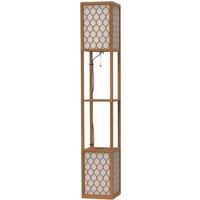 HOMCOM Floor Lamp with Shelves, Modern Tall Standing Lamp with Fabric Lampshades, Zipper Switch, Natural Wood Finish