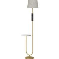 HOMCOM Modern Floor Lamp with Shelf, Dimmable Floor Lamp with Linen Shade, RF Remote and Foot Switch for Living Room, Gold Tone
