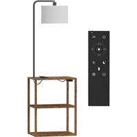 HOMCOM Dimmable Floor Lamp with Shelves, Charging Station, 3-Tier Storage Table, Adjustable Fabric Lampshade, Rustic Brown