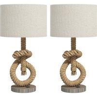 HOMCOM Nautical Table Lamps Set of 2 with USB Charging Port, Bedside Lamps for Bedroom Living Room, Warm White LED Bulb Included, with Hemp Rope, Natural