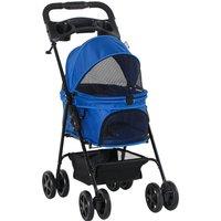 PawHut Pet Stroller Dog Cat Travel Pushchair One-Click Fold Trolley Jogger with EVA Wheels Brake Basket Adjustable Canopy Safety Leash Blue Aosom UK