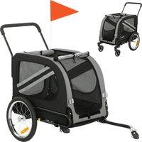 PawHut 2-In-1 Pet Bike Trailer Dog Stroller Pushchair with Universal Wheel Reflector Flag Grey