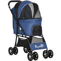 PawHut Foldable Dog Stroller, Cat Travel Carriage, Universal Wheels, Brakes, Adjustable Canopy, Basket Storage, for XS & S Pets, Dark Blue Aosom UK